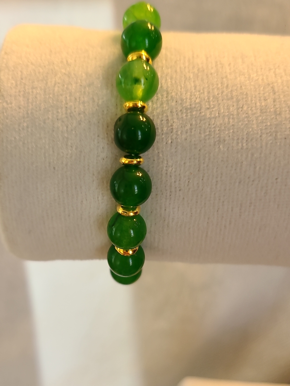 Hand Crafted Green Jade Beaded Bracelet with Gold Accents